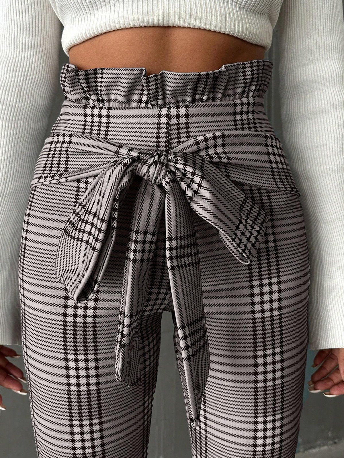 Pantaloni Lunghi A Vita Alta Con Cintura A Sacchetto A Quadri Per Donna