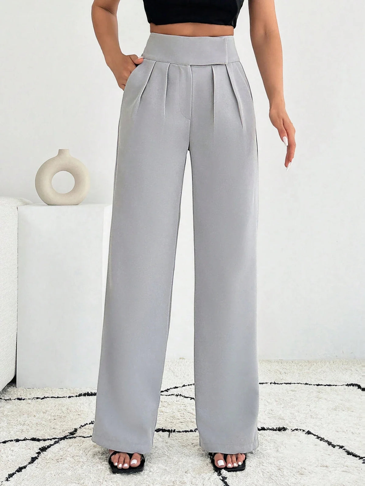 Pantaloni a gamba larga da donna in colore unito con tasche, casual