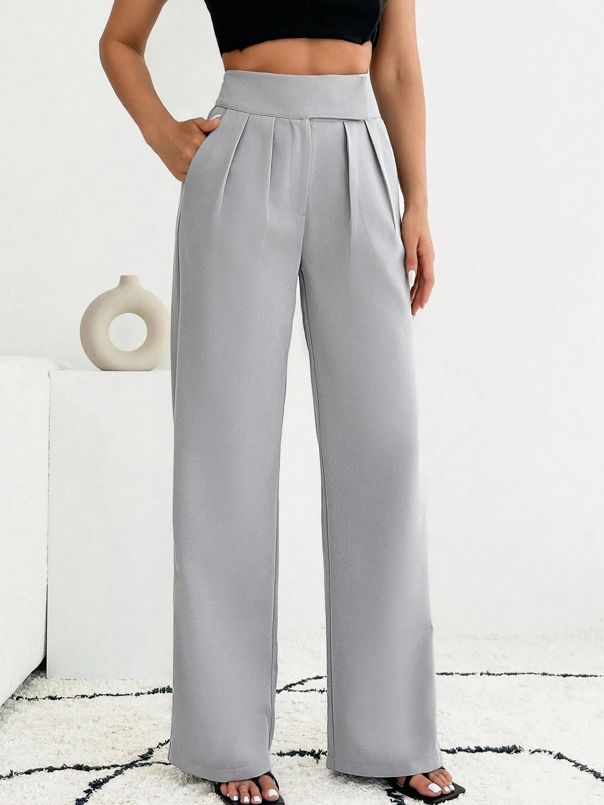 Pantaloni a gamba larga da donna in colore unito con tasche, casual