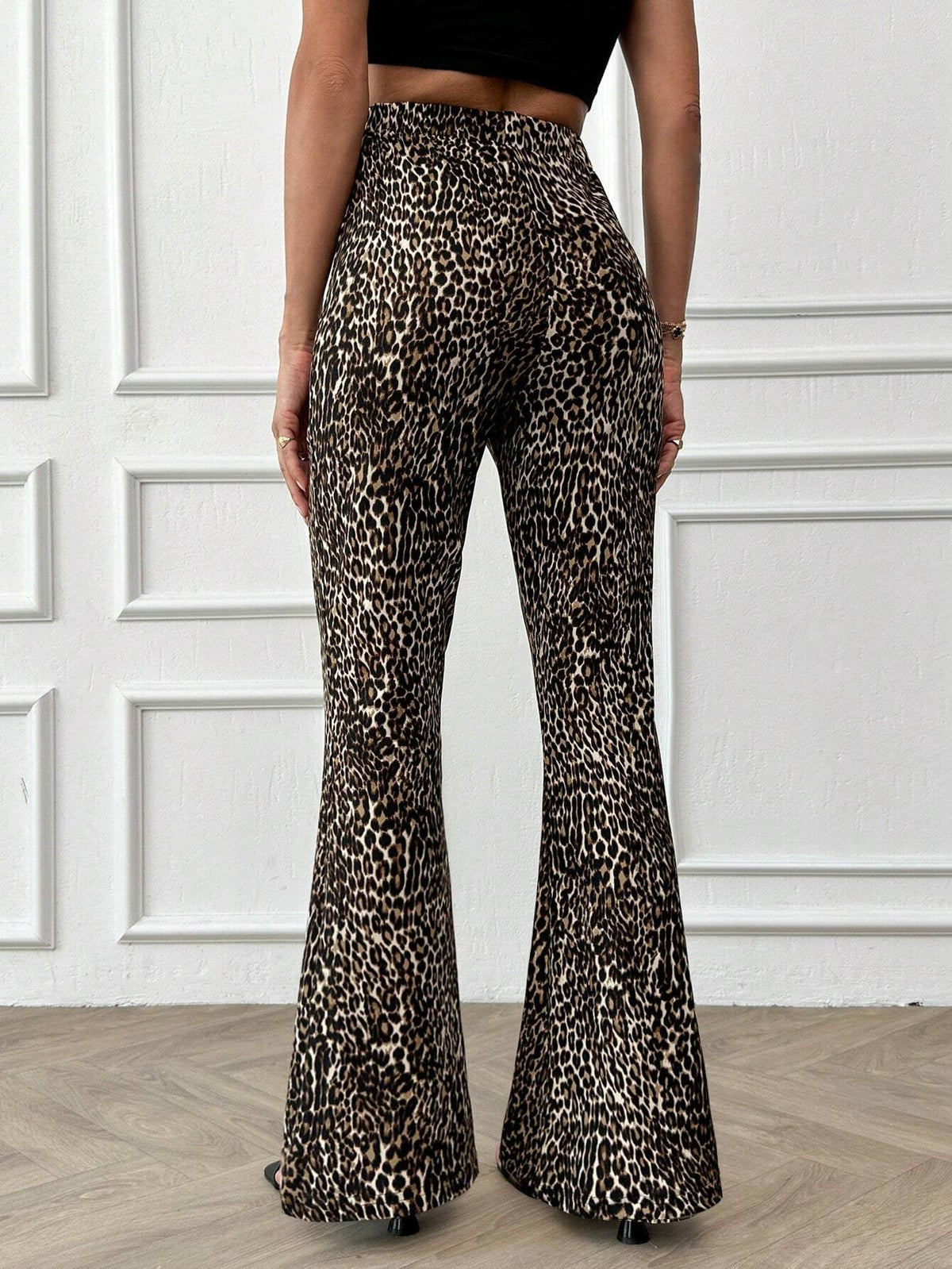 Pantaloni a vita alta con gamba ampia a stampa leopardata, per uso casual quotidiano