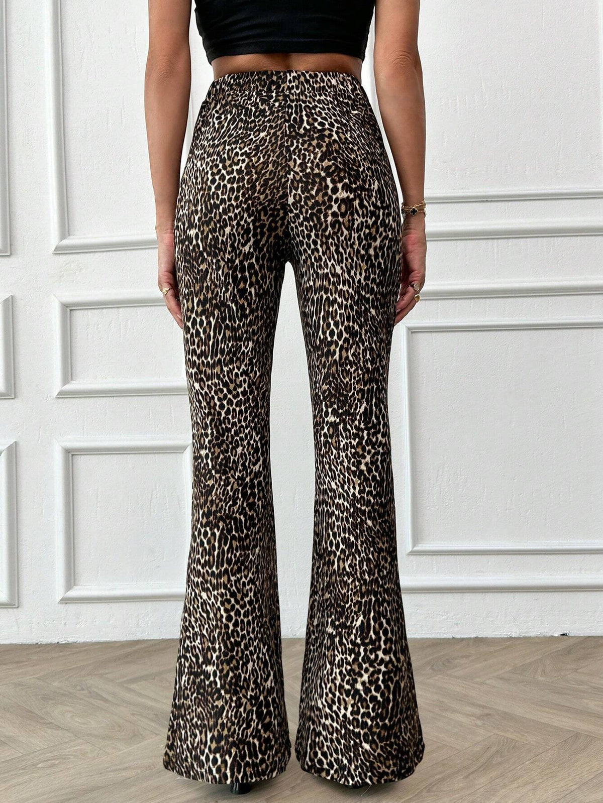 Pantaloni a vita alta con gamba ampia a stampa leopardata, per uso casual quotidiano