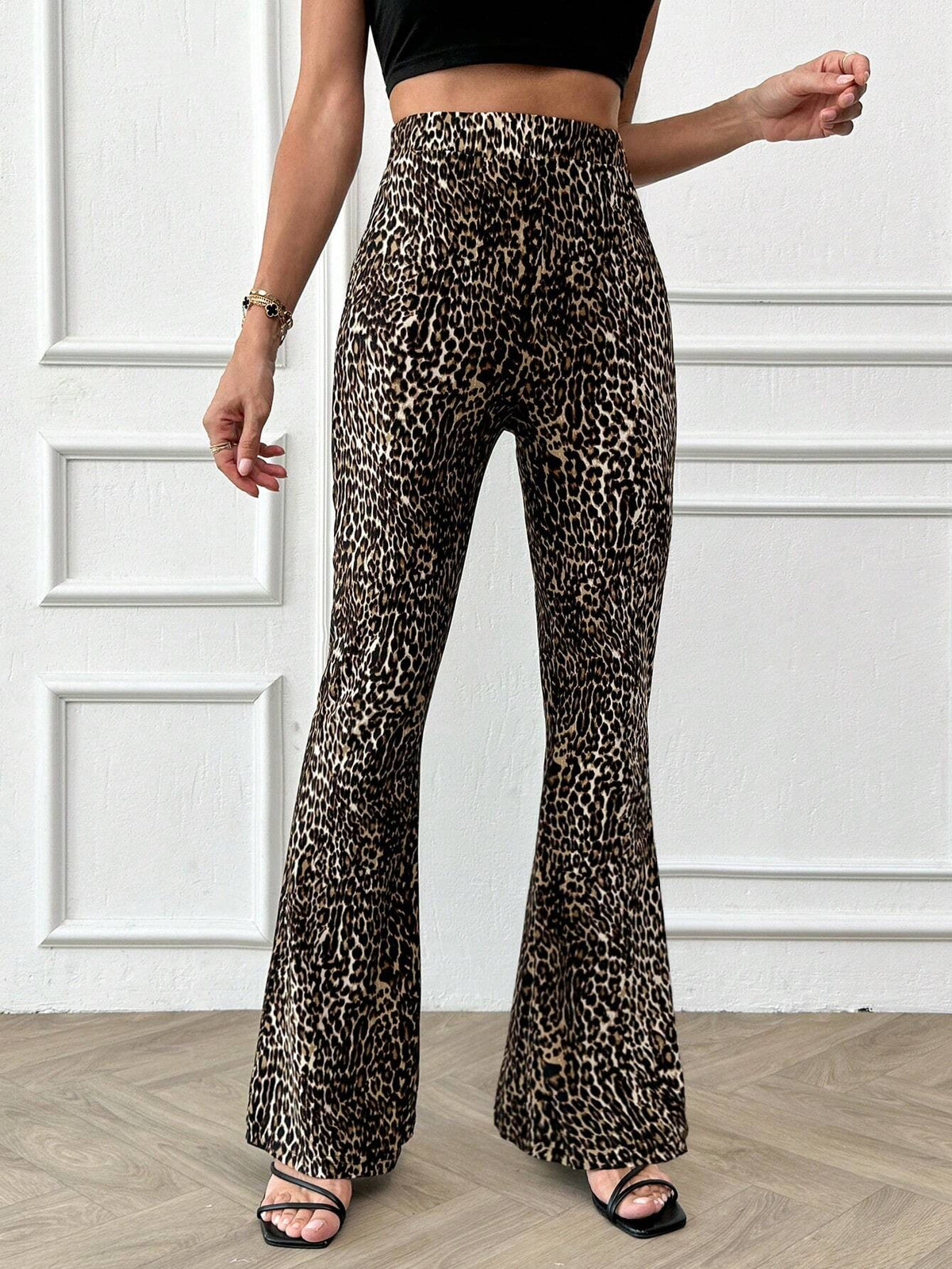 Pantaloni a vita alta con gamba ampia a stampa leopardata, per uso casual quotidiano
