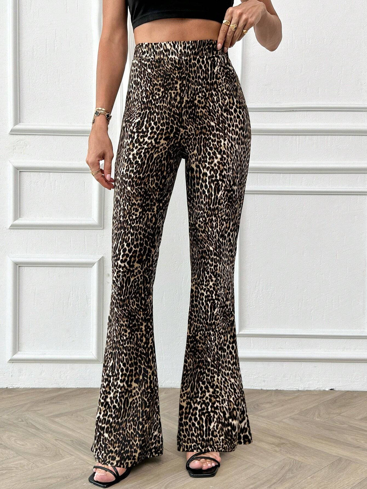 Pantaloni a vita alta con gamba ampia a stampa leopardata, per uso casual quotidiano
