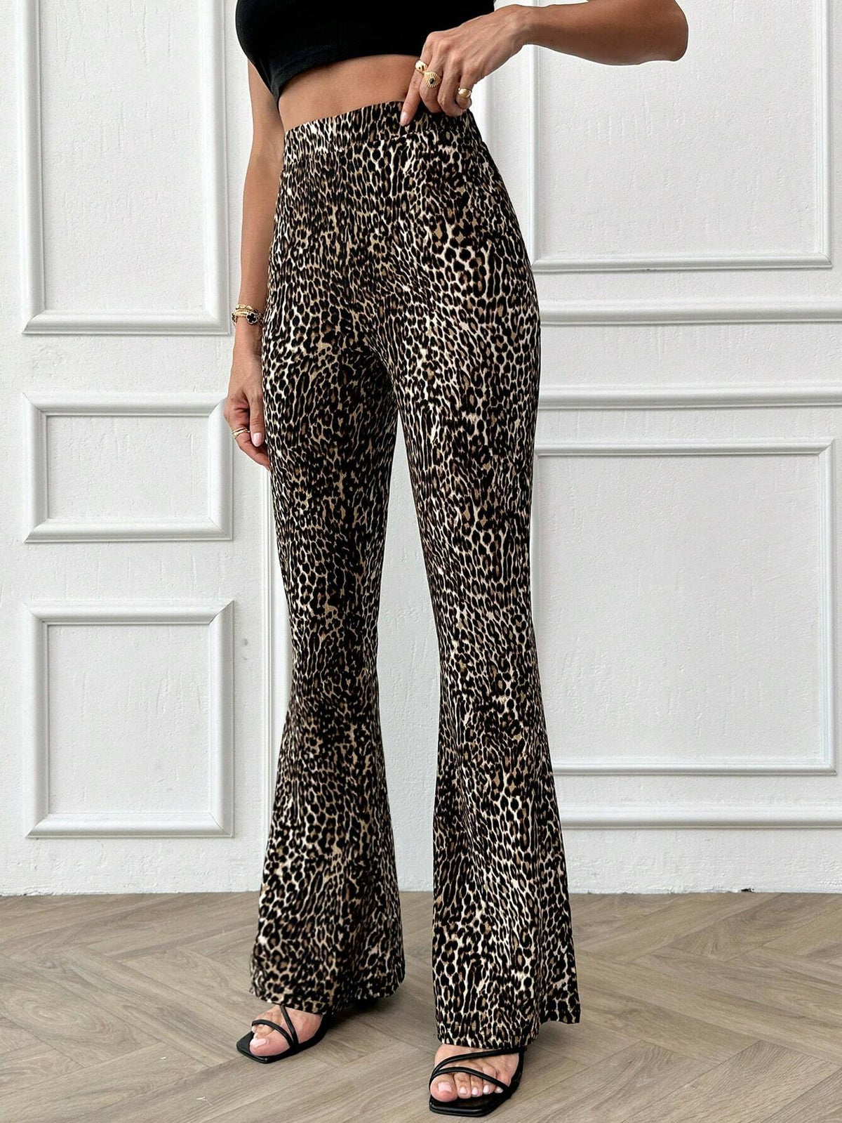 Pantaloni a vita alta con gamba ampia a stampa leopardata, per uso casual quotidiano