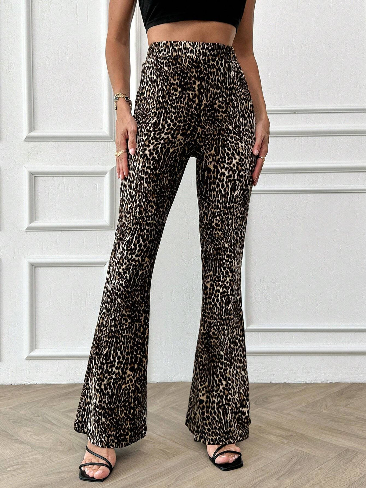 Pantaloni a vita alta con gamba ampia a stampa leopardata, per uso casual quotidiano